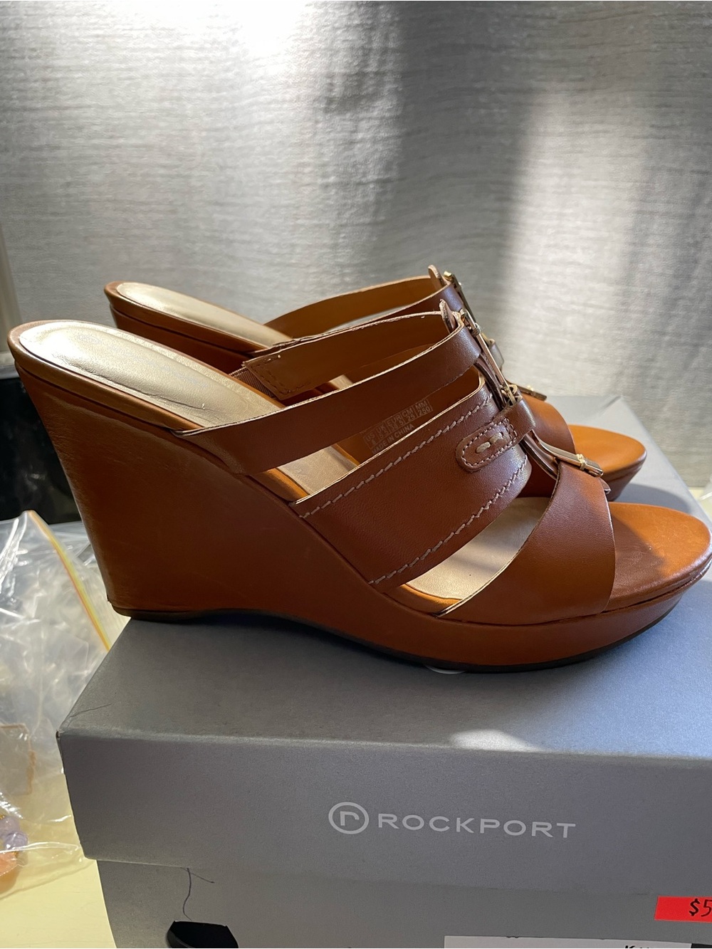Rockport Women's Tan Leather Wedge Slide Sandals